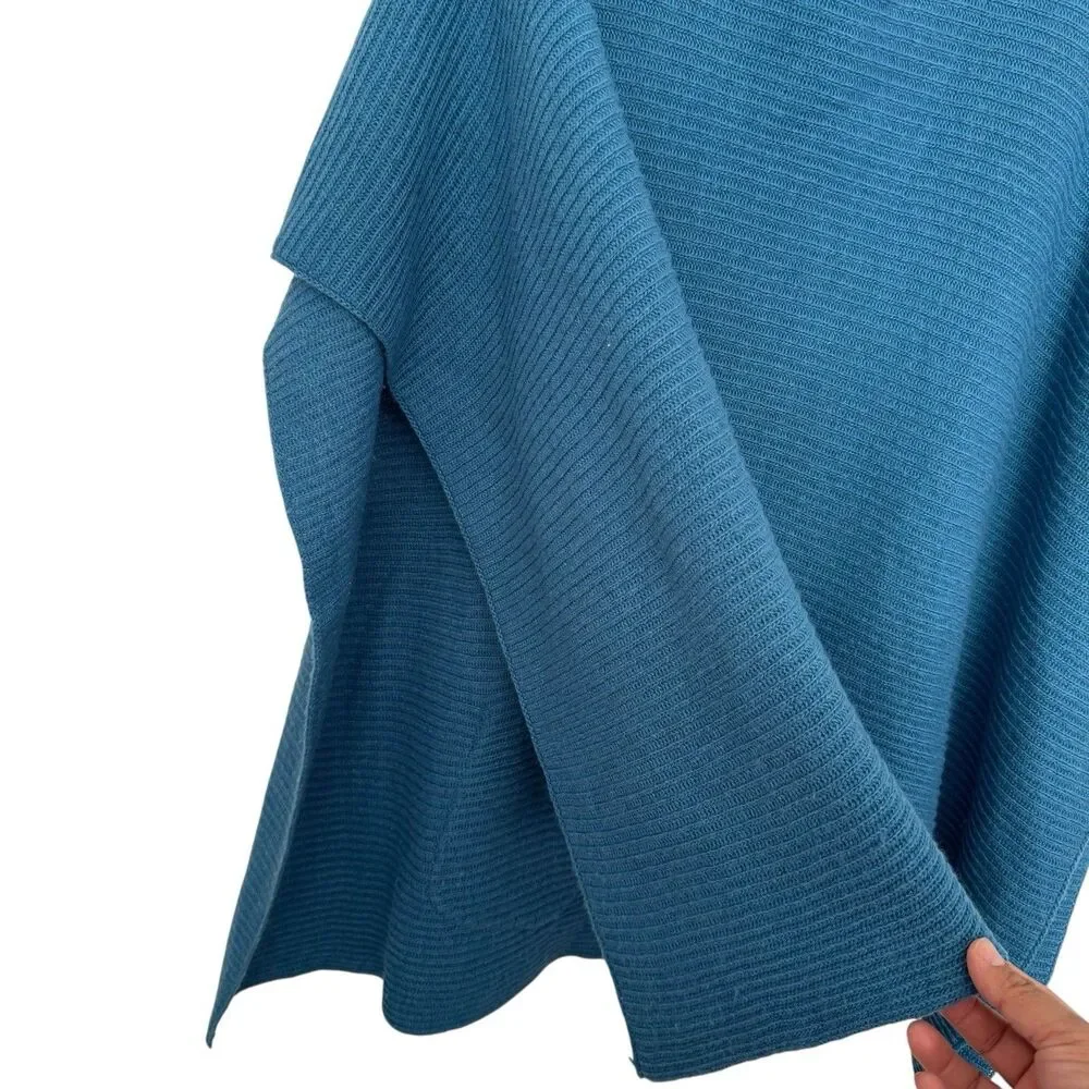J Jill One Size -Fits Most- Wool Blend Knit Poncho Sweater Front Pockets Blue
